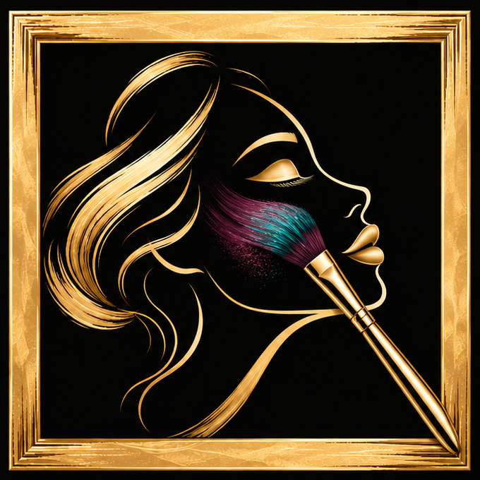 Canvas Concierge logo: a gold art frame around a woman’s profile as a brush applies teal and plum pigment to her cheek